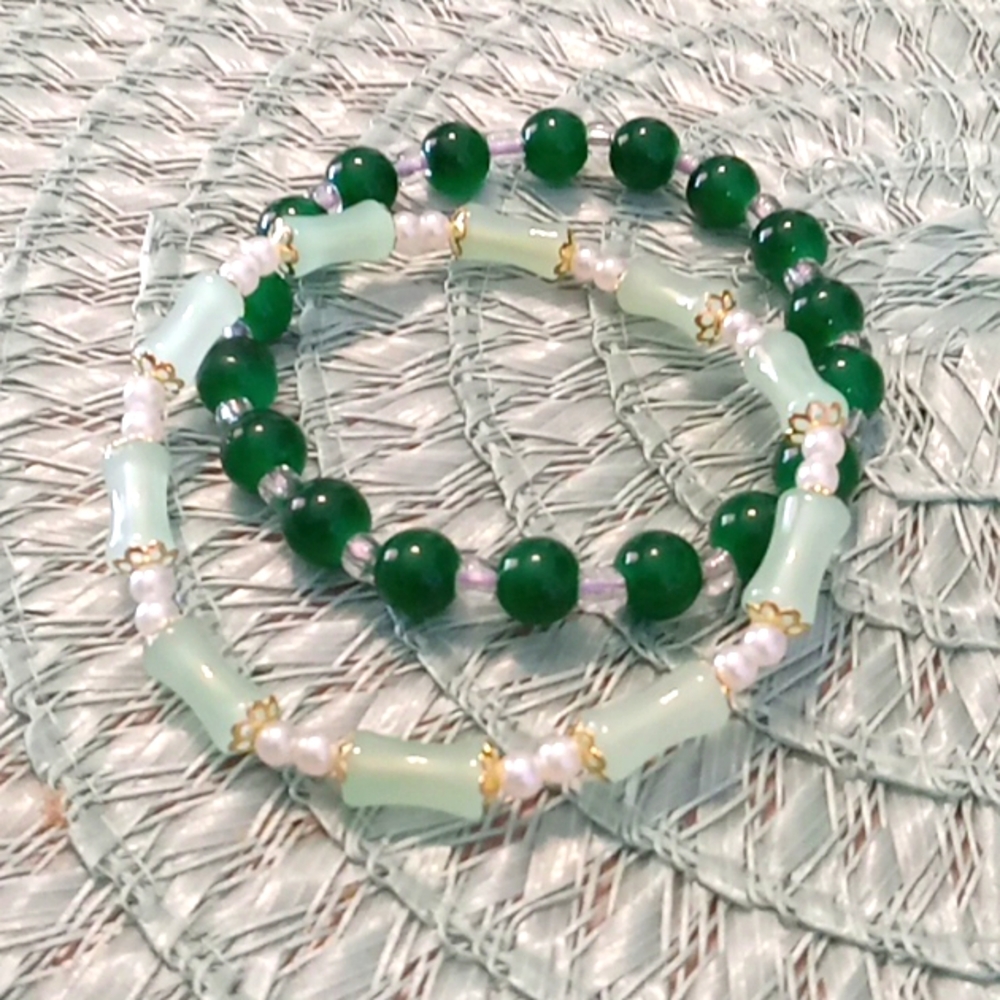 Two Elegant Green Beaded Bracelets